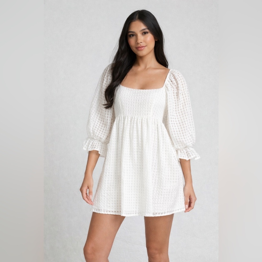 Entro‎ White Textured Babydoll Dress Puff Sleeve Square Neck L